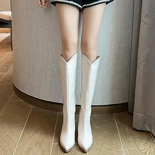 长筒靴女2024新款中筒靴白色尖头靴子不过膝高筒骑士靴西部牛仔靴