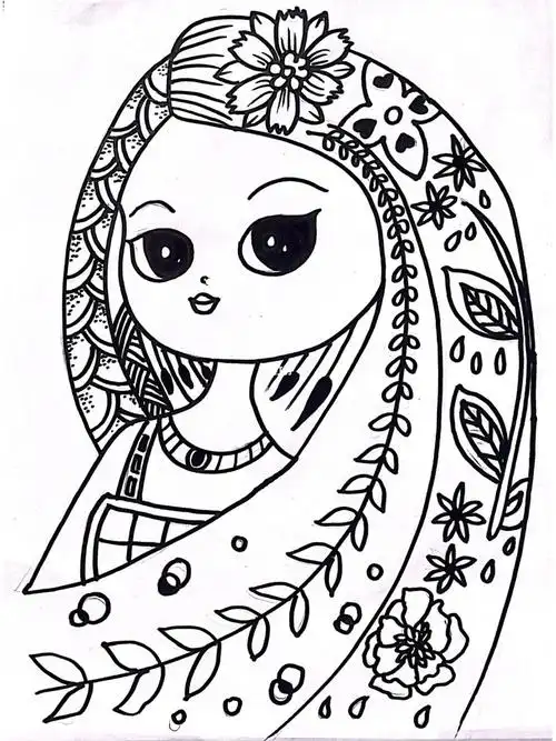 幼儿简笔画线描画花的女孩