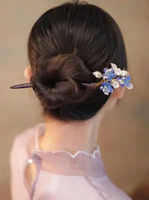 簪子简约现代木簪盘发旗袍头饰紫阳花黑檀木发簪古风汉服配饰日常