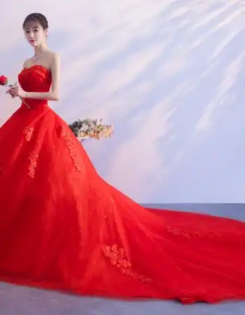 红色拖尾婚纱 l【图片 价格 品牌 报价】-京东