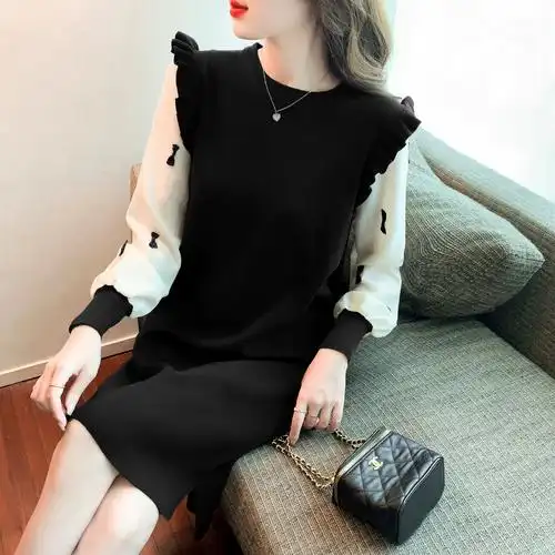 蝴蝶结针织衫连衣裙假两件毛衣裙子打底裙女2021秋冬新款