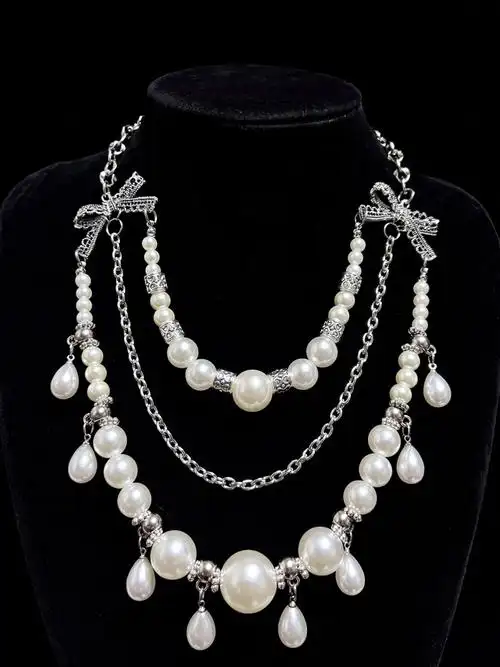 洛可可风78三层珍珠蝴蝶结组合项链 华丽感!