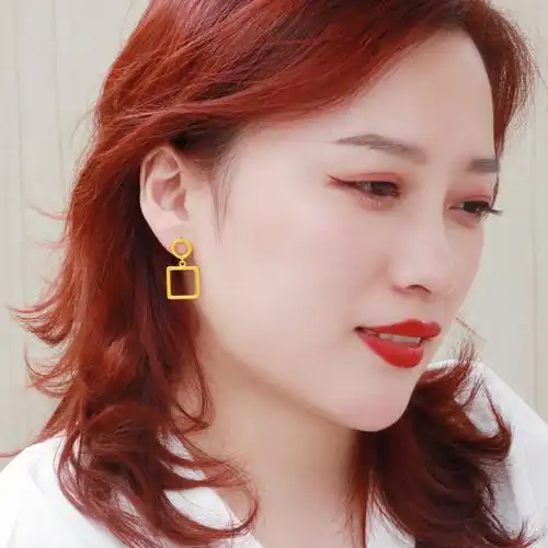 黄金几何耳环女足金耳钉欧美风时尚显大金耳坠3d硬金纯金耳饰