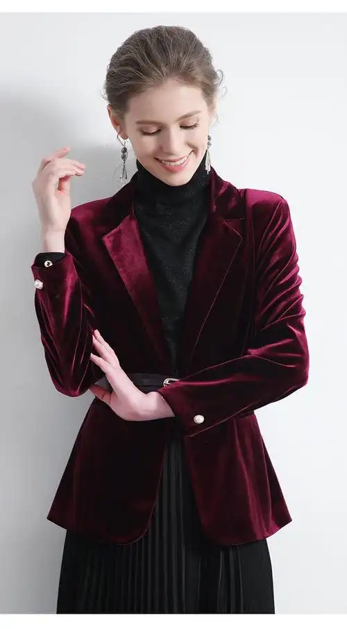 酒红色金丝绒西装外套女宽松英伦风2019新款法式小香风休闲小西服 酒