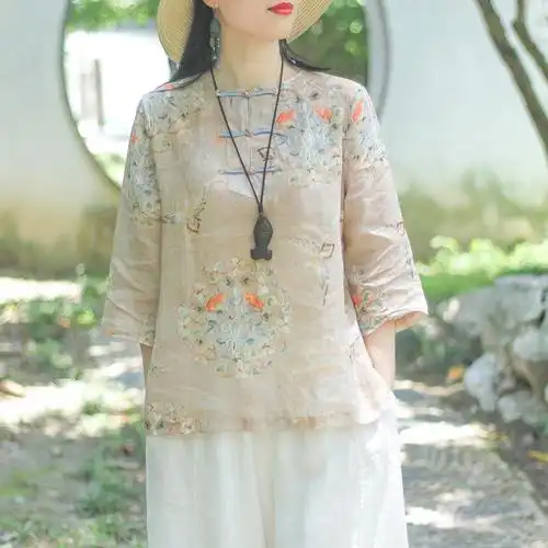 素订女装原创品牌旗舰店中国风苎麻复古春装短款上衣女棉麻衬衫