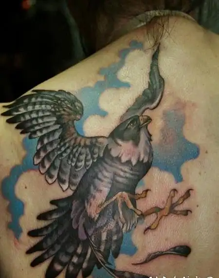 背部精彩的猎鹰纹身图案