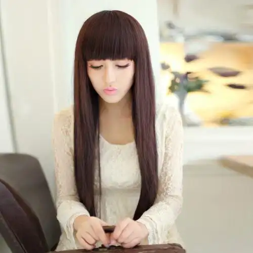 新品假发长直发齐刘海时尚甜美可爱女生假发齐刘海长直发