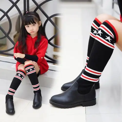 女童牛皮靴子秋冬童鞋韩版儿童过膝靴时装靴公主女孩高筒毛线长靴