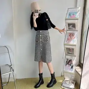 黑白格子半身裙秋