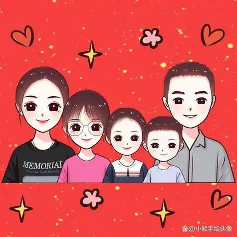 一家五口两女一儿单独卡通头像