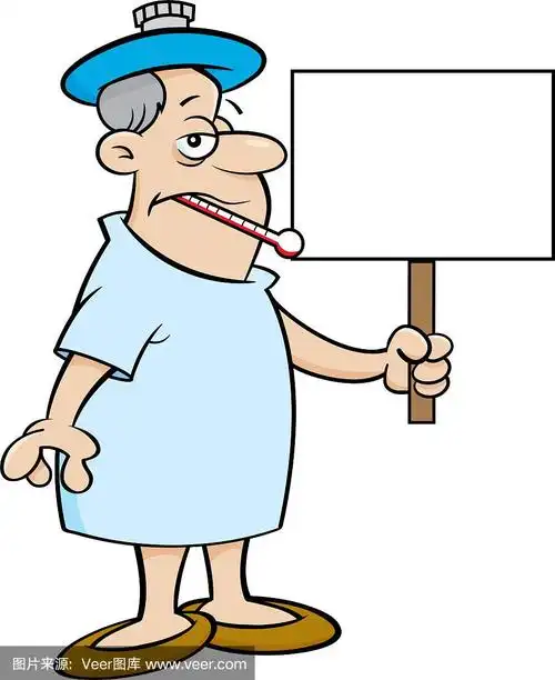 卡通病人穿着病号服,嘴里叼着温度计,举着一个手势.