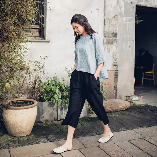 雏菊 亚麻阔腿裤女夏垂感小个子七分高腰黑色垂坠感夏季棉麻八分