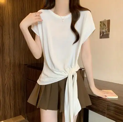 实拍~大码不规则下摆打结短袖t恤女夏季胖mm遮肚显瘦冰丝上衣 - 17网