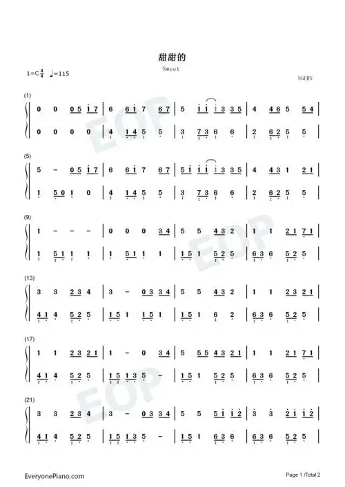 甜甜的-c调简单版双手简谱预览1