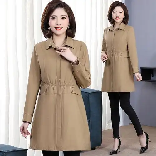 妈妈春装2021新款中老年人风衣女洋气薄款上衣中年春秋外套中长款