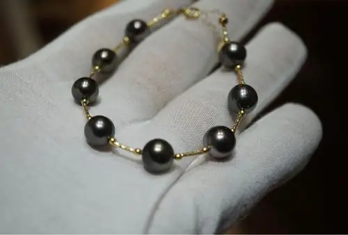 大溪地黑珍珠手链89mm微瑕18k金材质非正圆天然色