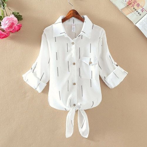 中凡智春夏秋季韩范折叠两用袖女士衬衫下摆打结休闲条纹格子衫修身