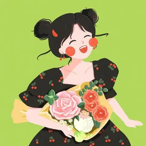 插画头像20捧花的丸子头大笑可爱女生