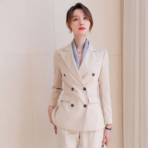 诗璐雅米白色休闲西装外套女春秋韩版气质小个子百搭职业西服上衣