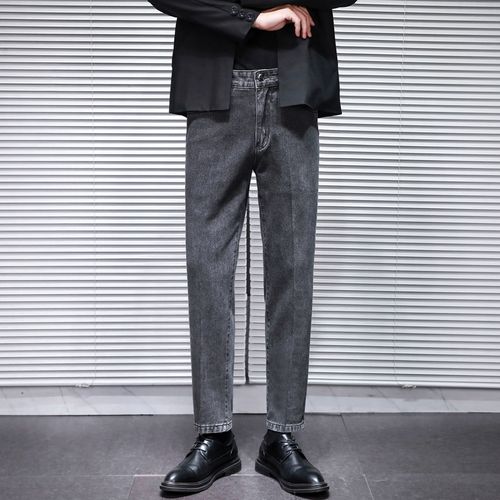 春秋灰色牛仔裤男潮牌直筒百搭九分裤修身宽松休闲男裤高街裤子