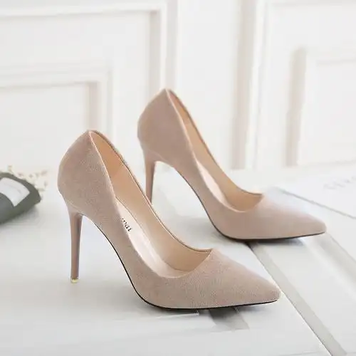 粉色高跟鞋新款细跟尖头女单鞋浅口百搭职业ol工作鞋绒面舒适女鞋