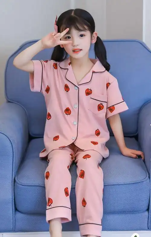 短袖长裤儿童宝宝睡衣女童夏季薄款女孩春秋棉草莓亲子家居服睡衣
