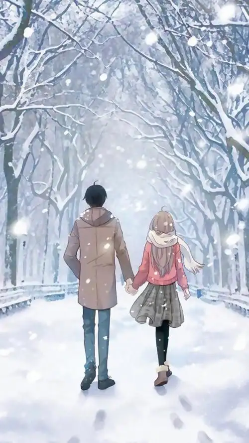 动漫情侣冬天牵手背影