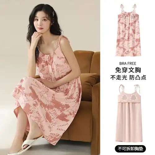 夏季带胸垫吊带睡裙纯棉女款家居服夏天甜美仙女风睡衣裙子可外穿