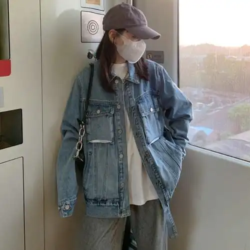 200斤胖mm春秋学院风百搭休闲牛仔上衣女韩版大码宽松翻领外套潮