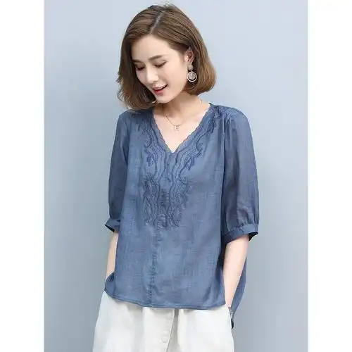 棉麻上衣女装夏季新款中袖高端亚麻衬衣宽松时尚v领苎麻小衫