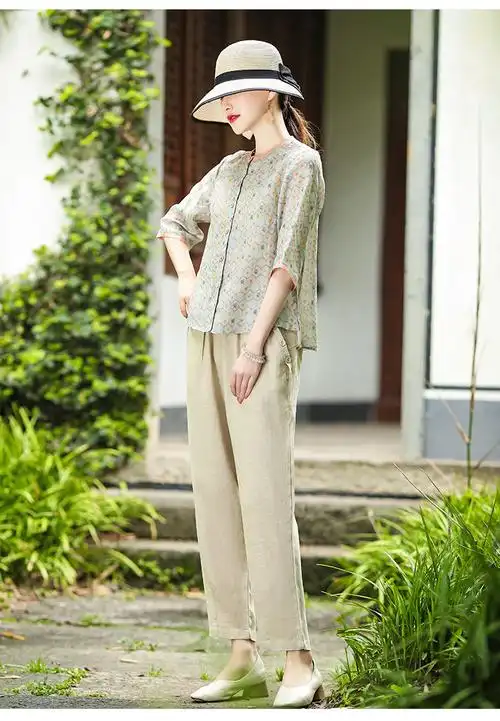 素订棉麻女装官方高端棉麻套装2022夏季新款减龄成套搭配两图片色m