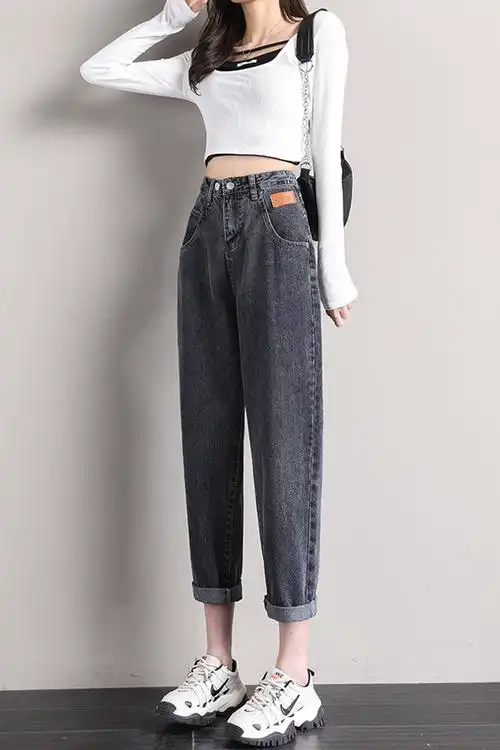 哈伦牛仔裤女宽松高腰秋装2021年新款显瘦百搭萝卜老爹裤子女