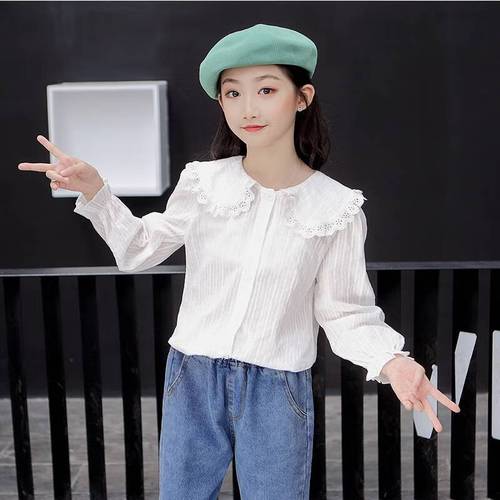 艾上他她女童白色衬衫翻领春秋宝宝洋气韩版薄款休闲岁女孩上衣夏