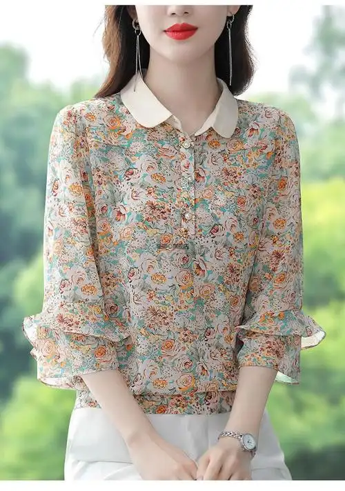 中年人穿的夏天的长袖衣服女装中年妇女装碎花雪纺衬衫收腰上衣小衫