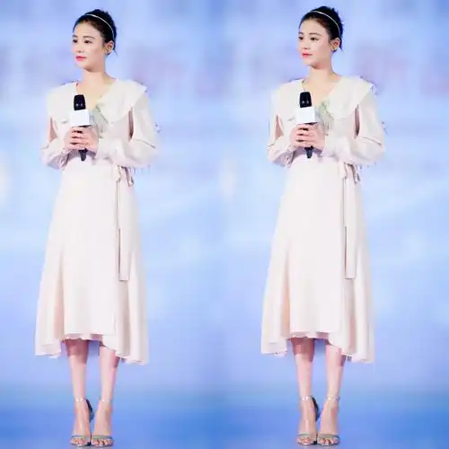 马思纯身穿藕粉色连衣裙甜美系look清新不失优雅