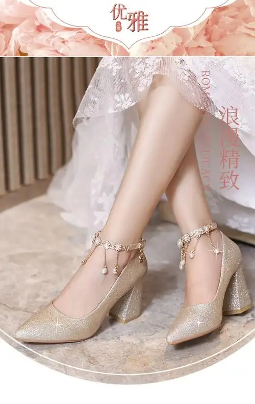 伴娘鞋水晶鞋婚鞋女粗跟婚纱鞋子新娘鞋香槟色尖头高跟舞台演出鞋