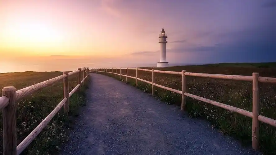 路,围栏,日落,灯塔,海 壁纸 - 1920x1080 全高清