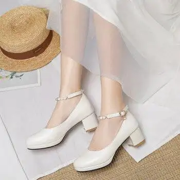 圆头女高跟鞋空姐粗跟仙女风温柔单鞋日常上班工作单鞋 白色 30