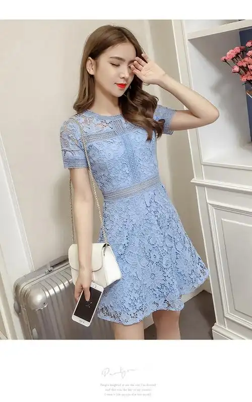 蓝色蕾丝连衣裙女2019夏季新款高腰修身显瘦时尚气质小香风a字裙