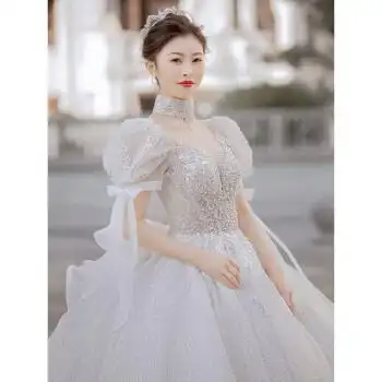 哈昱法式轻婚纱礼服新款新娘主纱大拖尾质感复古小个子迎宾纱单件白色