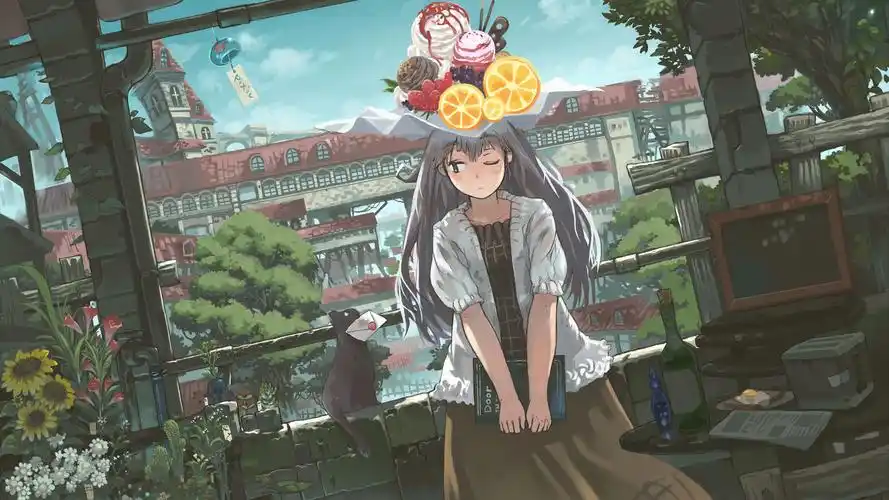 日系精美画风水果拼盘的青春少女电脑壁纸下载_卡通动漫_壁纸下载_美