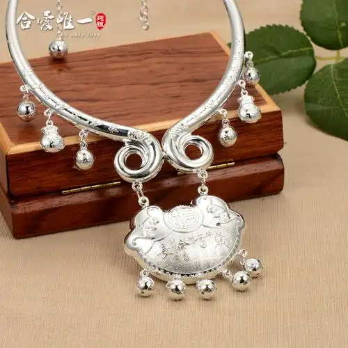 大号s999纯银长命锁项圈足银锁男女婴儿复古宝宝线圈满月周岁送礼