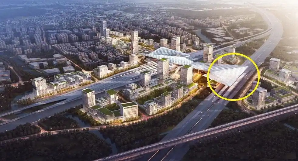 分析上海市的松江南站效果图:北侧有新站房,国铁与市域铁路并存