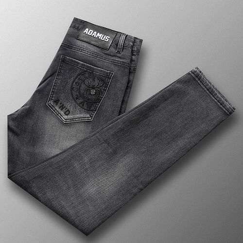 2023年春夏新款时尚深灰色牛仔裤男时尚个性后口袋刺绣小脚牛仔裤