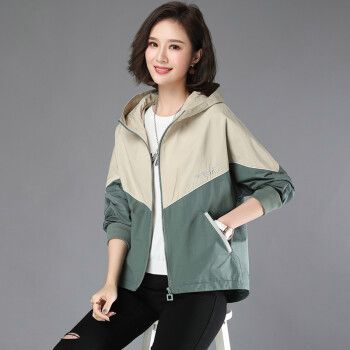 休闲宽松女士小个子风衣连帽夹克短外套女短款外套上衣小外套女绿色m