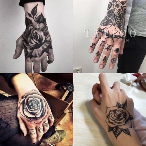 原创手背暗黑玫瑰花纹身贴男女酷持久防水潮网红般若霸气刺青ins
