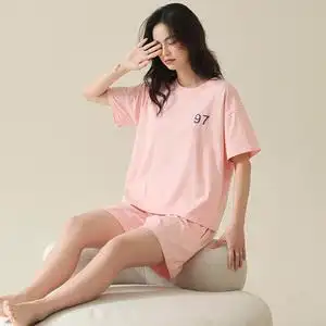 夏天睡衣女纯棉短袖短裤两件套粉色甜美可爱宽松薄款拉架棉家居服