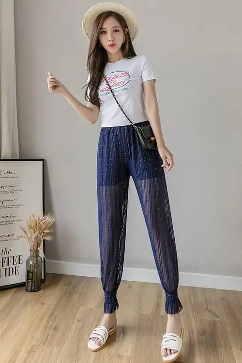 防晒防蚊灯笼裤女夏季新款网纱薄款高腰宽松束脚九分休闲哈伦裤子