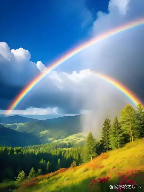 彩虹横跨山峦,色彩斑斓,天空晴朗,景色宜人.#彩虹