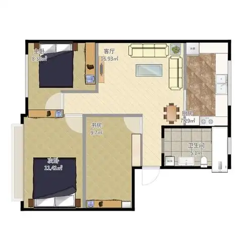 爱屋3室1厅1卫1厨80.00㎡户型图